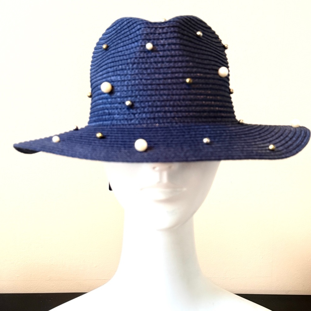 Navy Blue Straw Hat Pearl Studded Wide Brim Sun Hat Chic Resortwear NWT